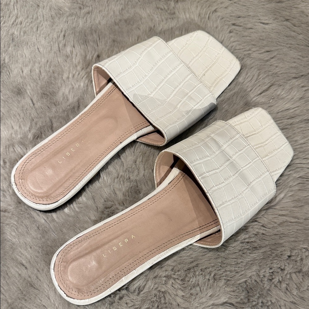 White Croc-Embossed Slide Sandals